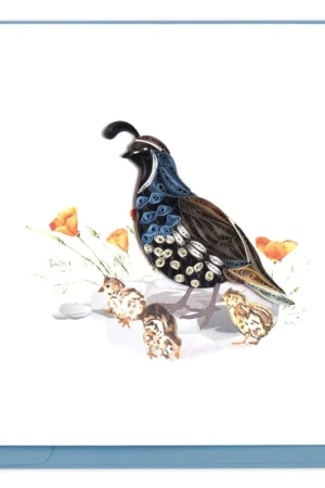 A stylized card showing a blue bird and its young.
