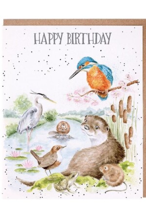 ‘Happy Birthday’ card with otters and birds.